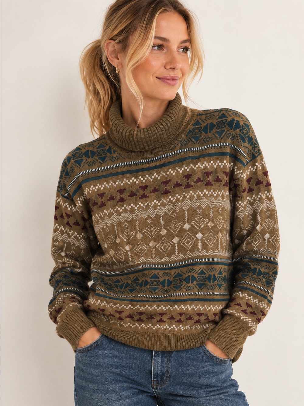 Myra Bag Western Olive Turtleneck Sweater with Teal & Maroon Accents
